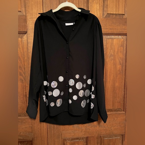 Susan Graver Black Silver Sequin Button Up Blouse Size Medium - Picture 1 of 10